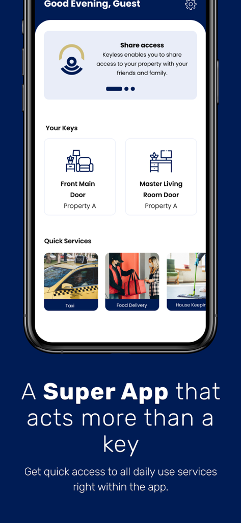 Keyless App - Keyless App dashboard showing digital keys for property access and quick services like taxi and food delivery