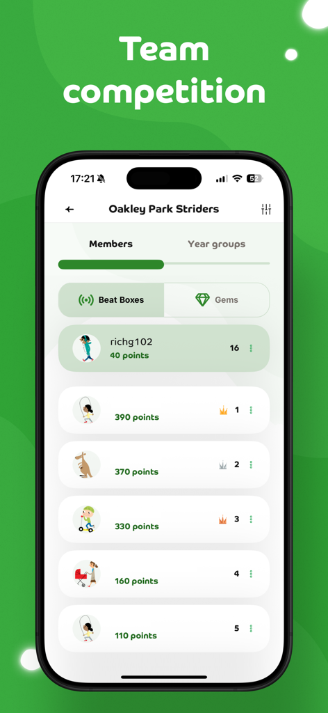 Beat the Street app team competition leaderboard showing points for members of Oakley Park Striders