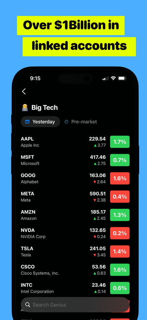 Genius: Stock Market Tracker - Genius Stock Market Tracker app displaying a Big Tech watchlist with real-time share prices and percentage changes.