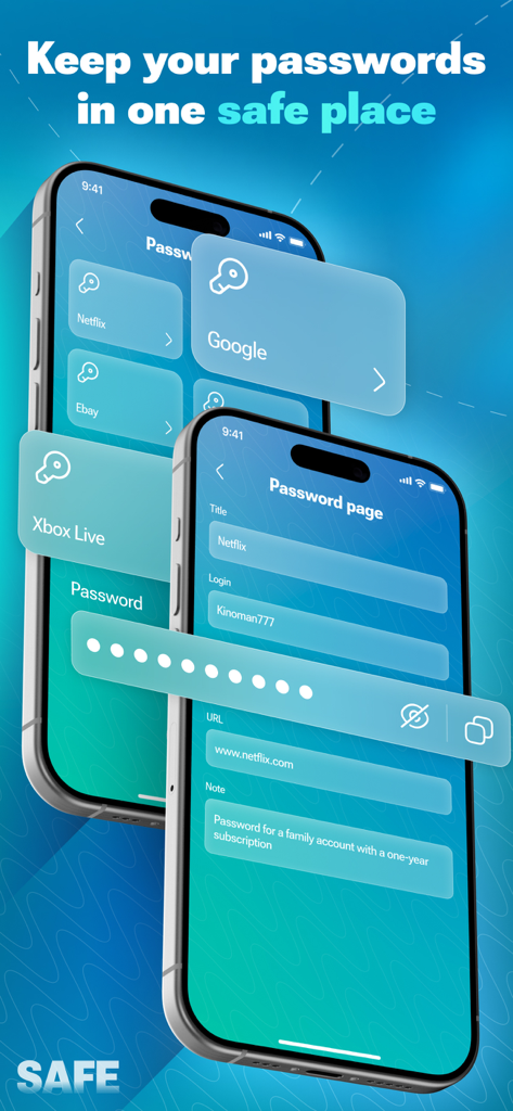 Kepttor Password Manager - Kepttor Password ManagerアプリのiPhone画面。NetflixやGoogleなどのサービスのアカウント整理と安全なパスワード詳細を表示。