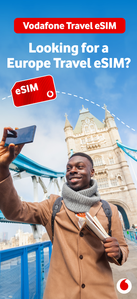 Vodafone Travel - A traveler taking a selfie in front of Tower Bridge in London with Vodafone Travel eSIM promotion