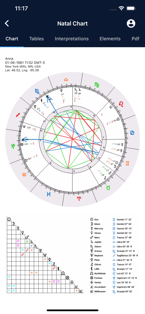 Astrology Master - Professional natal birth chart showing planetary positions and aspect grid in Astrology Master app