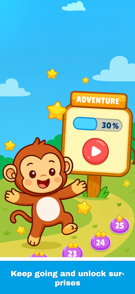 A happy monkey character next to an adventure mode level progress map in the MemoKids app