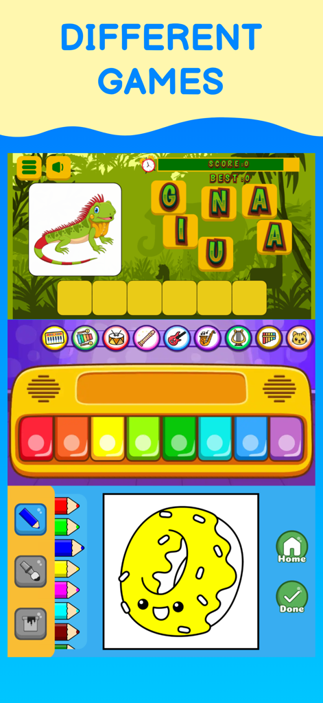 Preview of multiple mini games including spelling music and coloring for kids