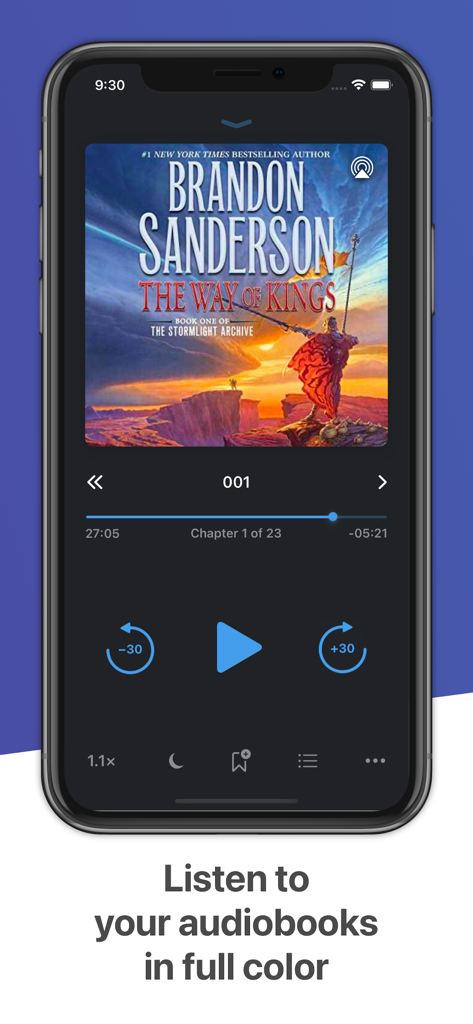 BookPlayer interface showing an audiobook playback screen with cover art and controls
