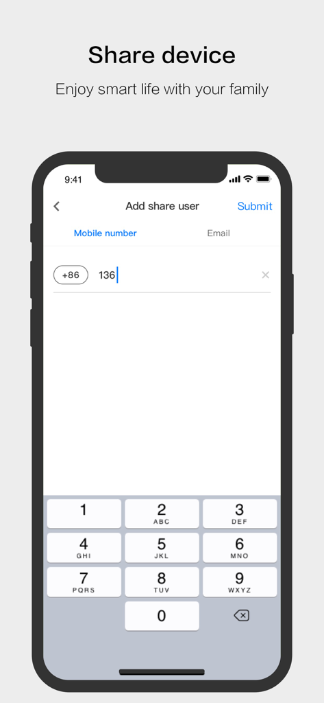 A smartphone screen from the Cloud Intelligence app showing the interface to share device control with family members by entering a mobile number or email