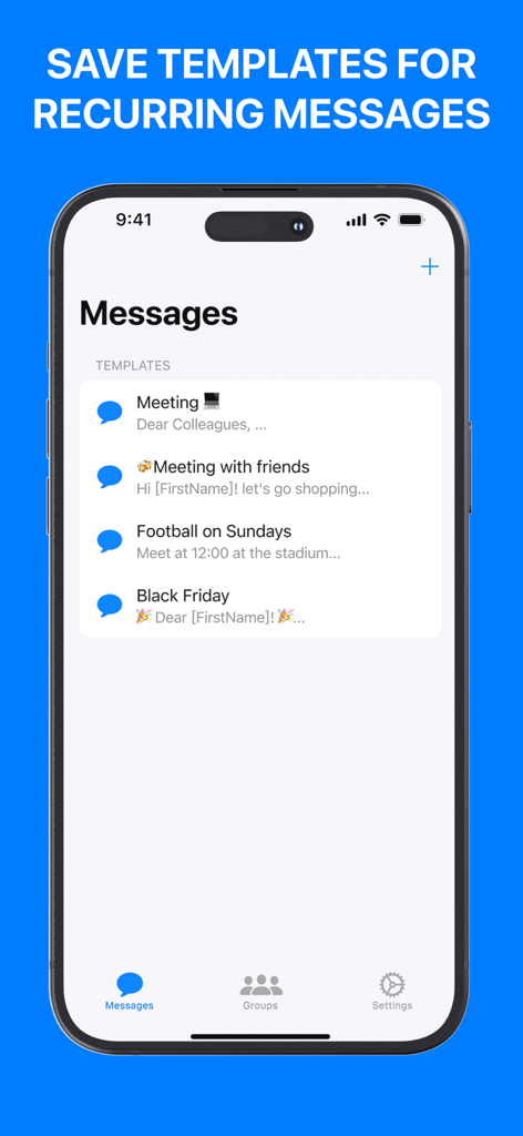 Group Text - Mass SMS Message - Interface of the MassTexter app displaying various saved message templates for mass texting on iPhone
