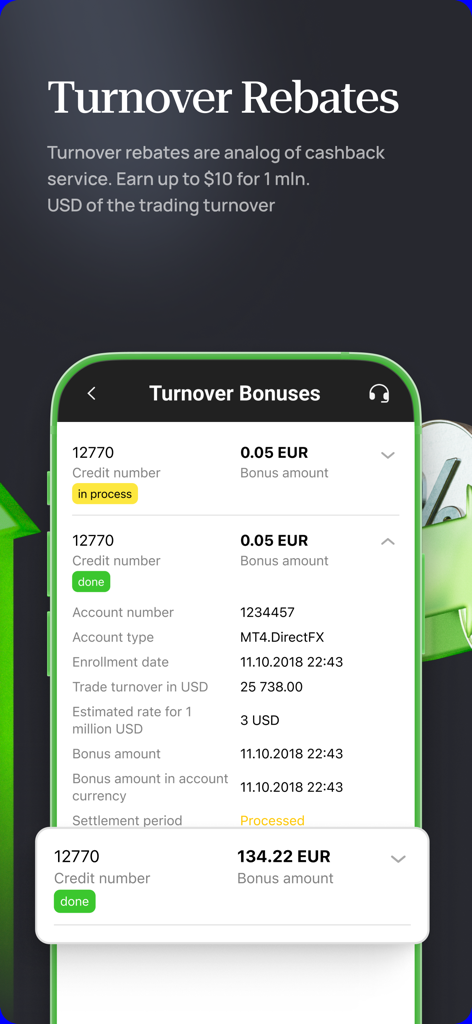 Pantalla de reembolsos de volumen y recompensas de cashback en la aplicación de trading de xChief.