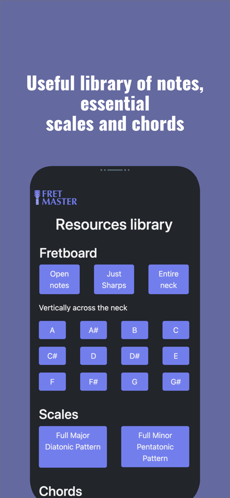 Fret Master - Interfaccia dell'app Fret Master che mostra opzioni per note, scale e accordi di chitarra