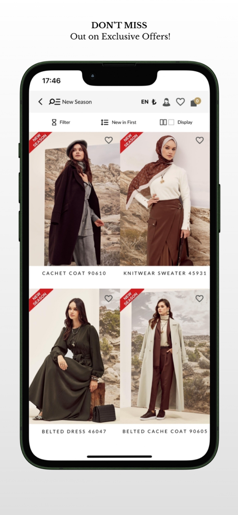 Alvinaモバイルアプリの製品グリッド。新シーズンのコレクションからのエレガントなモデストな女性用衣料品が紹介されています