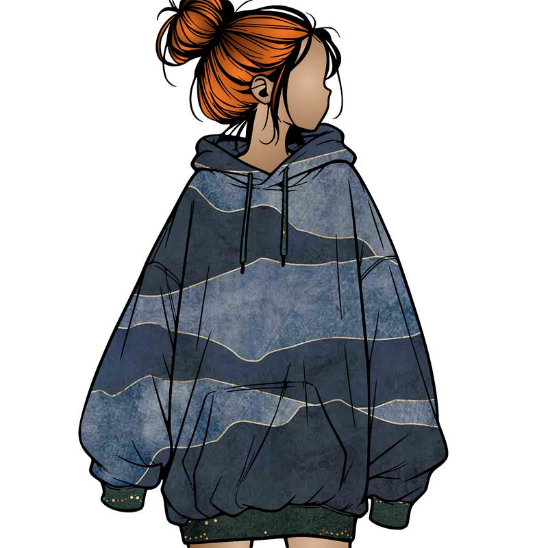 realistic girl with a oversized sweatshirt on and a bun