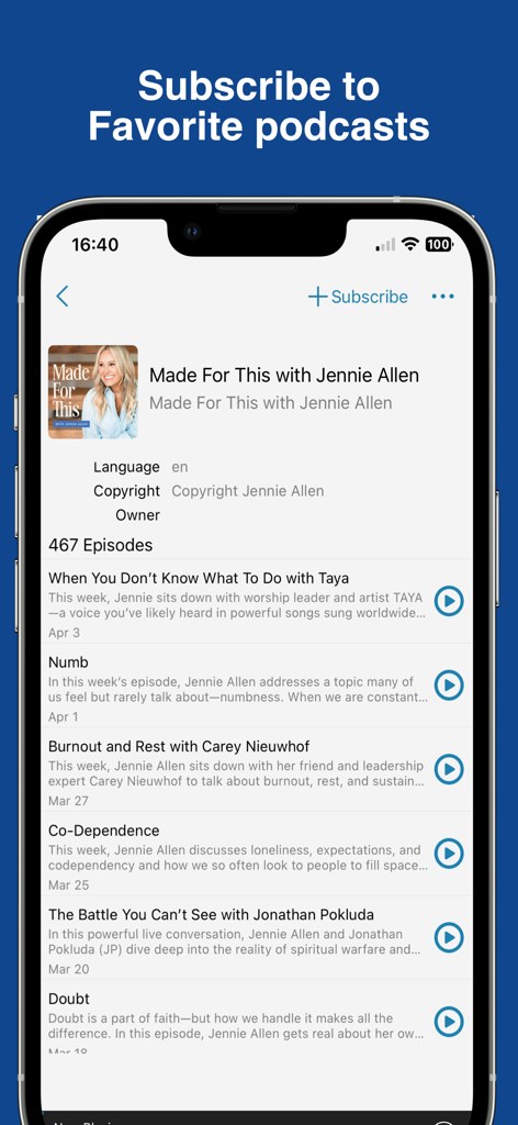 Bible: Read, Listen Holy Bible - Mobile interface of the Bible app showing a list of available podcast episodes and a subscribe button