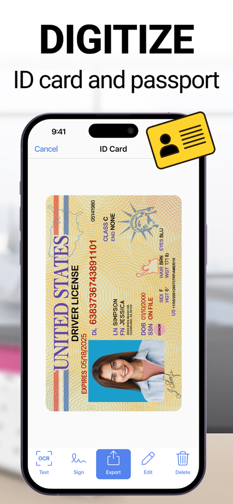 Photo to PDF Convert Scanner + - Pantalla de smartphone mostrando una licencia de conducir de EE. UU. siendo escaneada y digitalizada por la interfaz de la aplicación Photo to PDF.