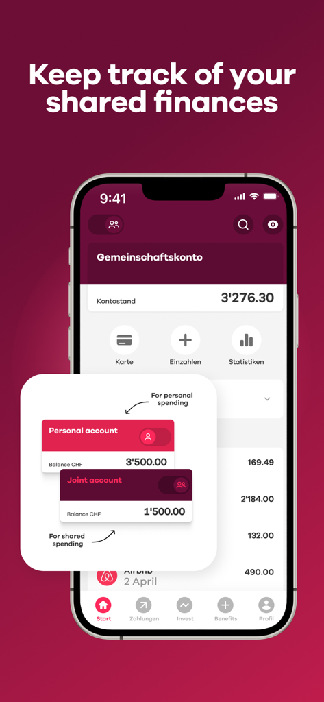 Pantalla de smartphone mostrando la interfaz de la aplicación neon para cambiar entre cuentas bancarias personales y conjuntas para gestionar finanzas compartidas.