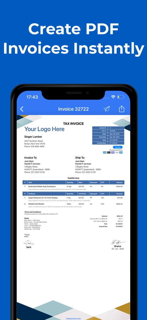 Écran d'iPhone affichant une facture fiscale professionnelle créée avec l'application Easy Invoice Maker
