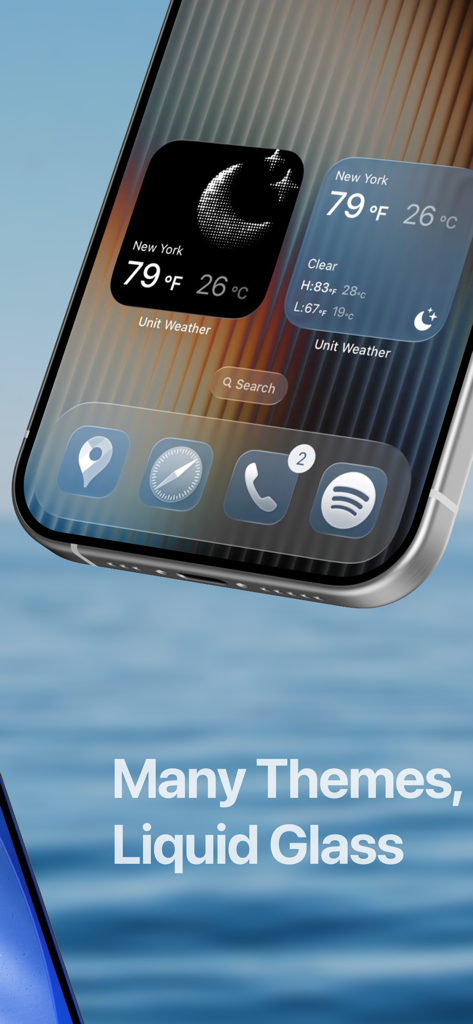 iPhone home screen displaying dual temperature weather widgets with various theme options including Liquid Glass.
