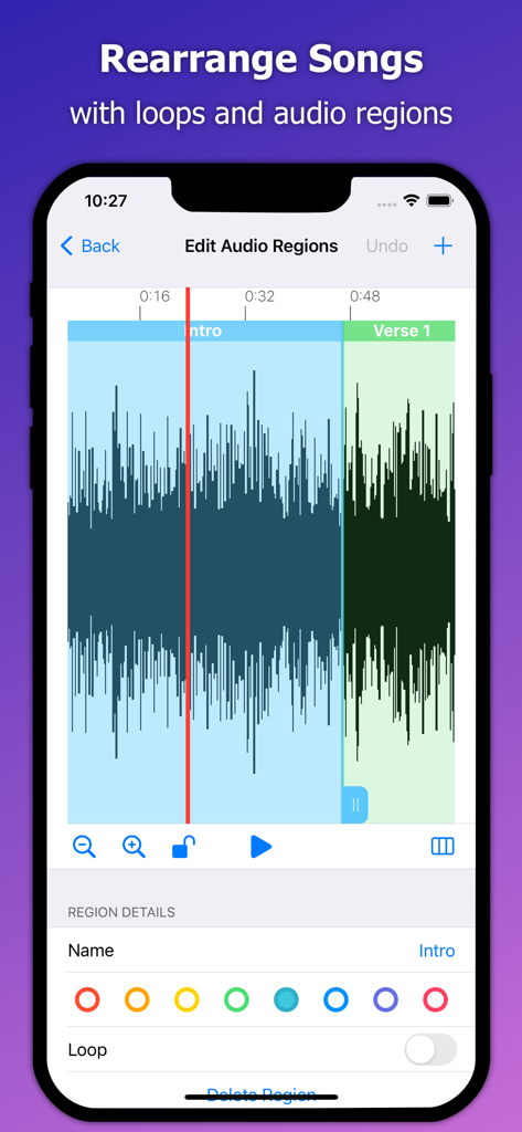 Stage Traxx 3 app screen for editing audio regions and song loops