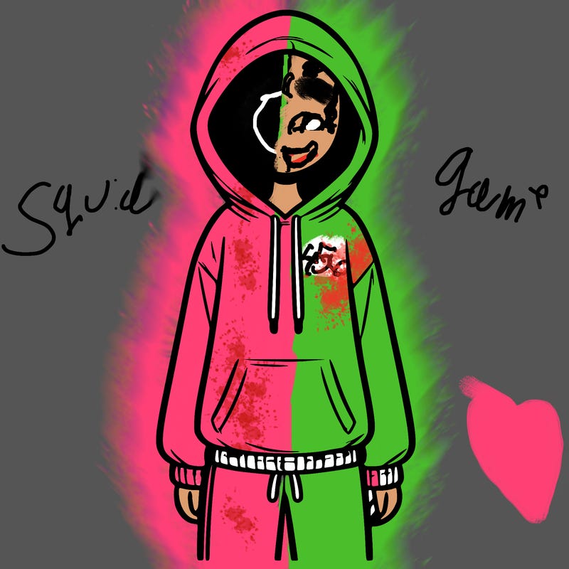 faceless girl in a tracksuit with a hood on and no hair