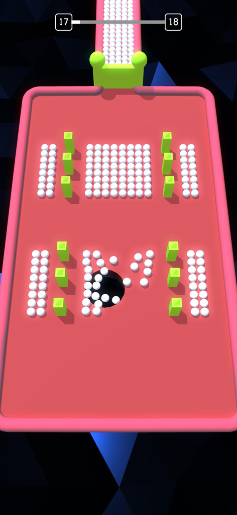 Un agujero negro tragando esferas blancas en una plataforma rosa en el juego móvil Color Hole 3D.