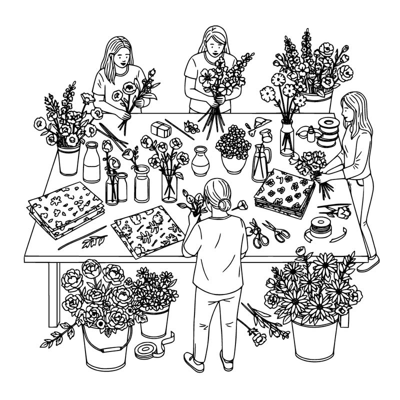 small workshop where several people stand around a long table arranging flowers into vases. buckets of flowers sit nearby and ribbons and scissors are spread across the table. one instructor demonstrates how to arrange a bouquet while others follow along. include different flower shapes, simple vases, wrapping paper, and leaves so there are beautiful organic details for coloring.