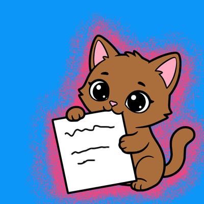 a small cat with a blank sheet of paper in its hand. the cat is sooooooo cute!