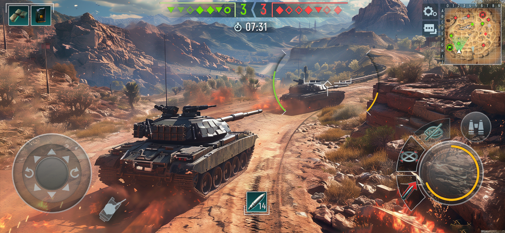 Perspectiva táctica en tercera persona de una batalla de tanques moderna en un entorno desértico del juego Tank Force.