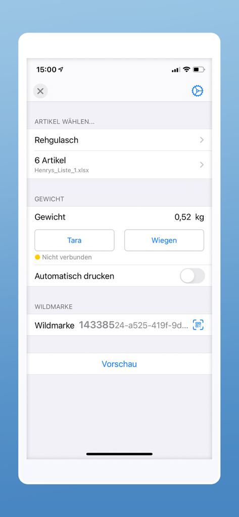 Interfaz de la aplicación Z1 Label Factory que muestra la selección de productos y la entrada de peso para imprimir etiquetas