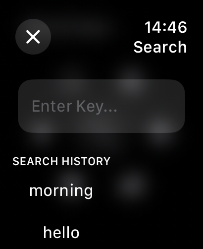 Search interface on WristTube+ for Apple Watch showing search history with terms like morning and hello
