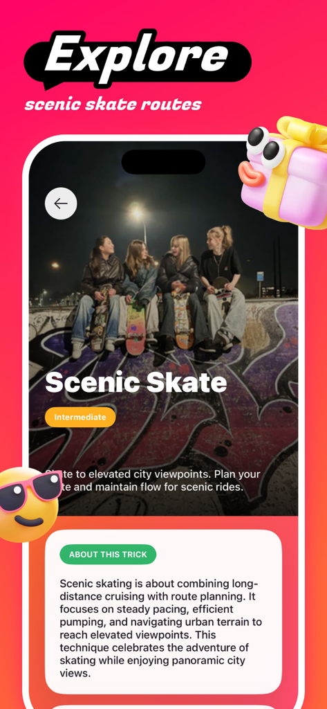 Fervid - Chat & Fun - Interface of the Fervid app showing an intermediate guide for scenic skate routes and cruising tips.