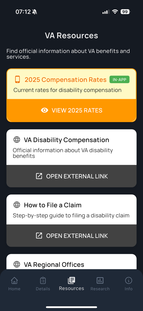 VA Disability Rates Calculator resources page showing 2025 compensation rates and links for filing a claim