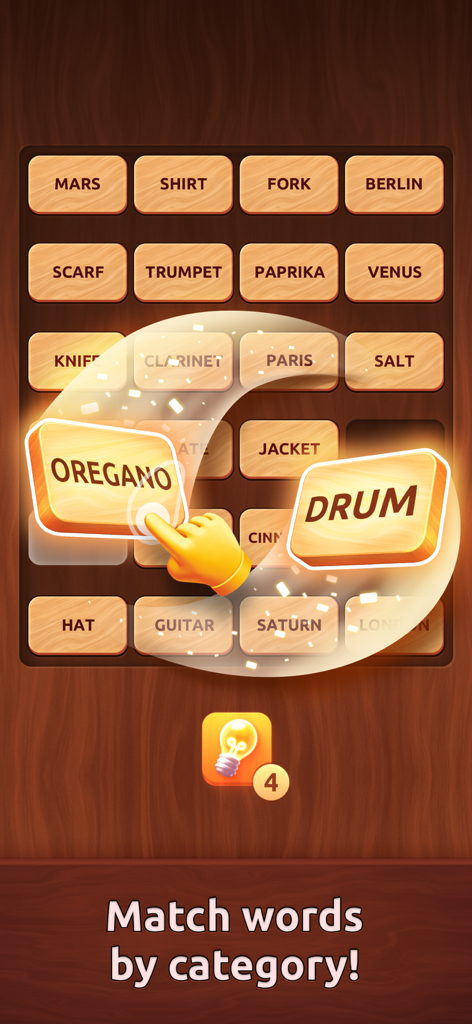 Associations Colorwood gameplay showing wooden word tiles and a prompt to match words by category