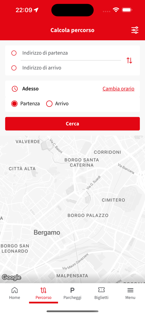 ATB Mobile - ATB Mobile app route planning screen showing address input fields and a map of Bergamo