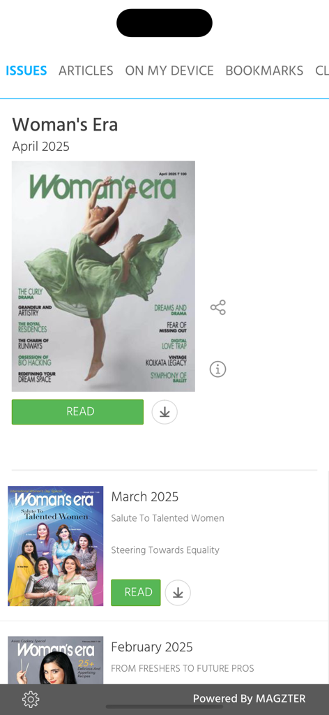 Woman's Era - Woman's Era app interface displaying a list of monthly digital magazine issues with cover art