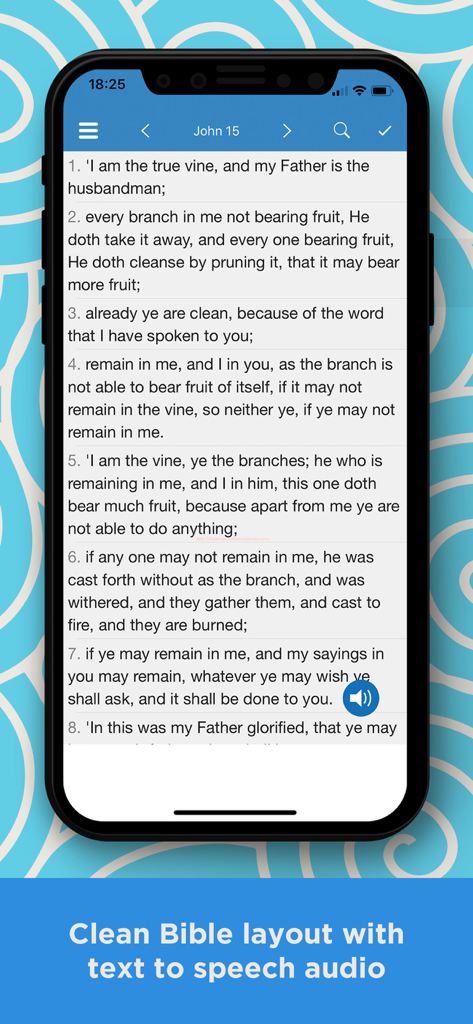 Young Literal Bible -YLT Bible - Interfaz de la aplicación Young Literal Bible mostrando un diseño de lectura limpio y función de audio de texto a voz.