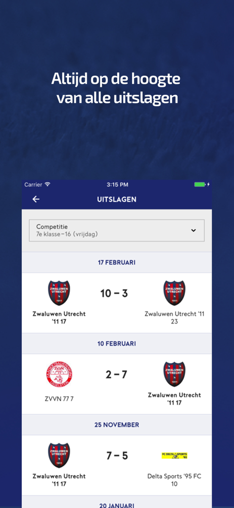 Interface showing football match results with scores and team emblems.