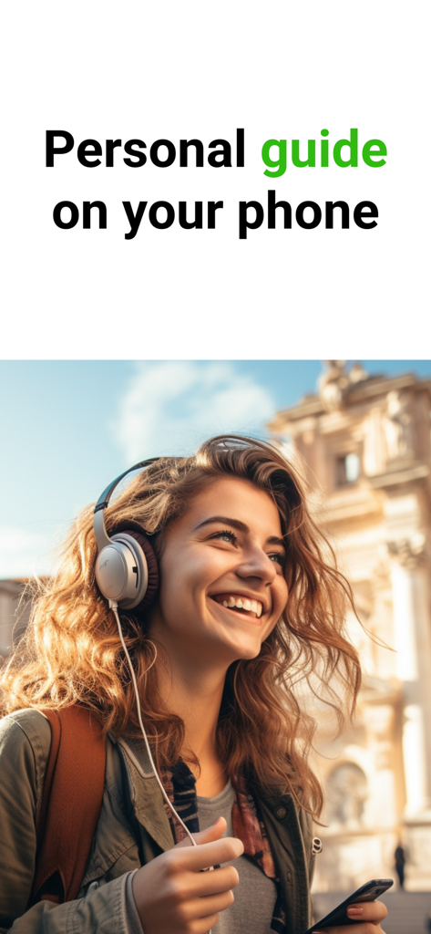 SmartGuide travel guide & map - Smiling young woman with headphones using the SmartGuide audio tour app in a historic city