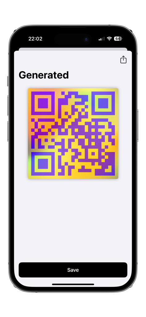 My QR - Un code QR personnalisé avec un arrière-plan dégradé coloré généré sur un iPhone.