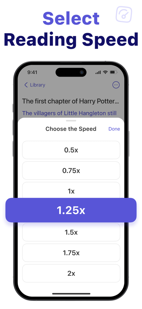 Text to Speech – Reading Aloud - Mobile app screen showing playback speed options from 0.5x to 2x for reading text aloud.