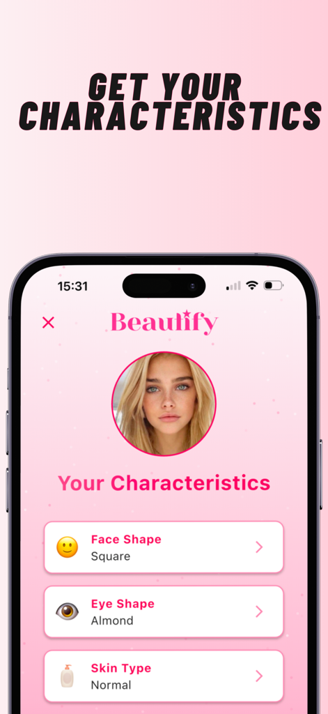 Beautify - Glow Up - Interfaz de la aplicación Beautify que muestra los resultados del análisis de IA para la forma del rostro, la forma de los ojos y el tipo de piel.