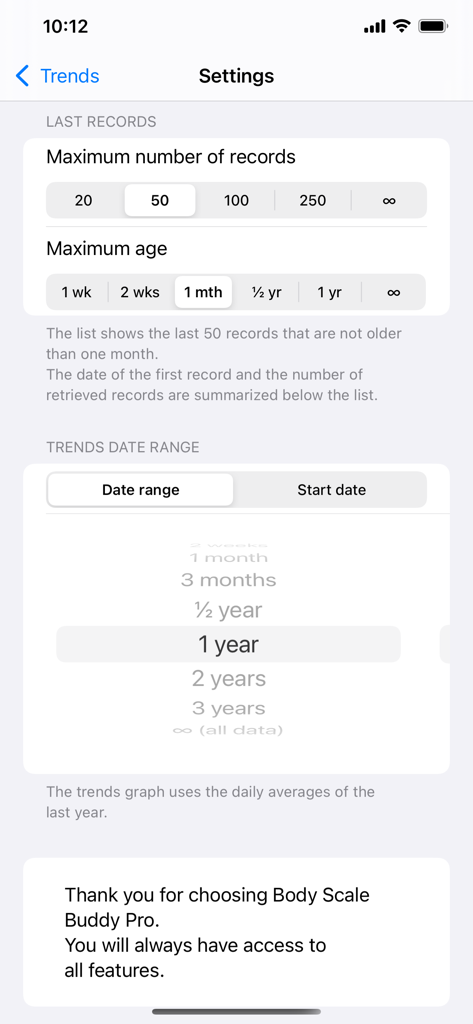 Body Scale Buddy Pro - Écran des paramètres de Body Scale Buddy Pro pour gérer les enregistrements de poids et les plages de tendances de données