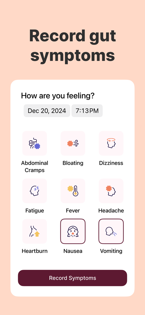 Poop Tracker - Balloon - Interfaz de la aplicación móvil para registrar síntomas intestinales como hinchazón y náuseas en la aplicación Balloon.