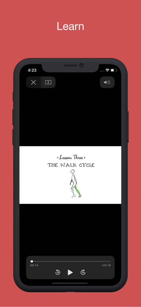 Animatic app tutorial screen showing a video lesson on creating a walk cycle animation.