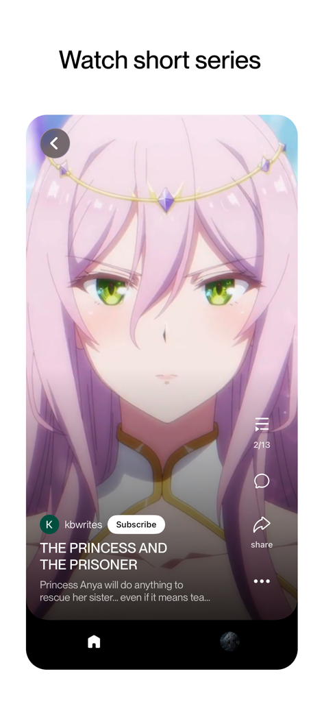 Trimz app interface displaying a vertical anime short series titled The Princess and the Prisoner