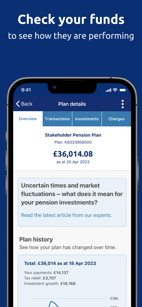 Écran de l'application Standard Life montrant la valeur du plan de retraite des employés et les détails de performance des fonds.