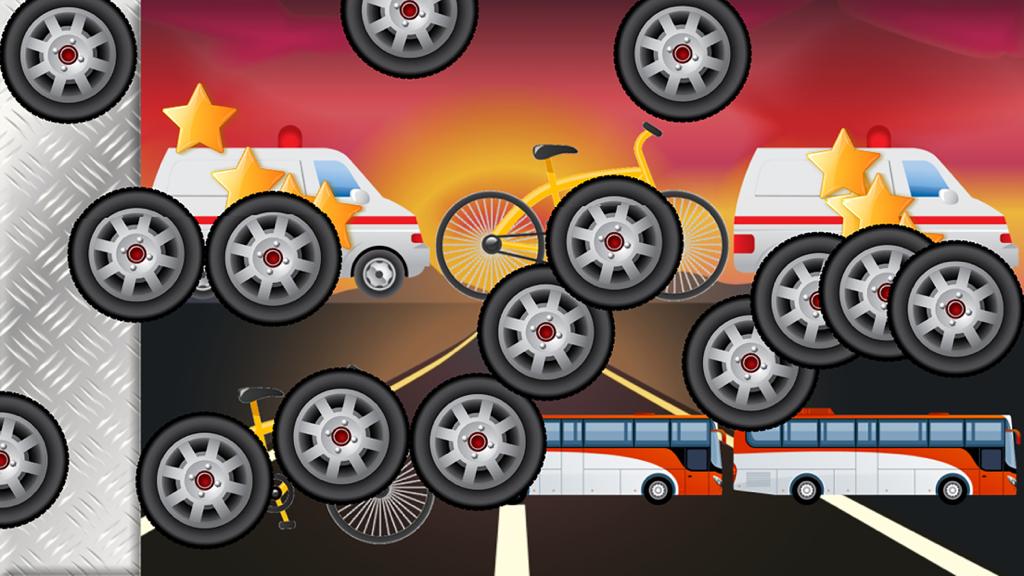 Colorful vehicles matching game for kids with ambulances and buses on a road
