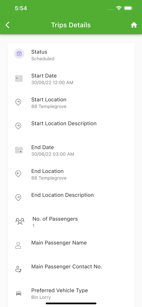 Freestyle II - Freestyle II App-Oberfläche, die geplante Fahrtdetails anzeigt, einschließlich Start- und Endstandorten und Fahrzeugtyp für das Flottenmanagement