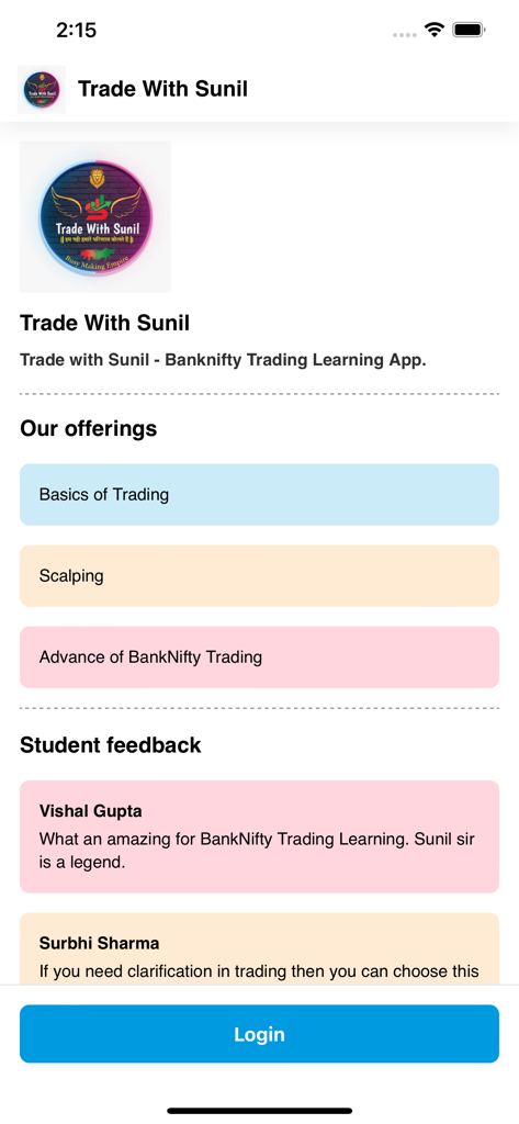 TRADE WITH SUNIL - Écran d'accueil de l'application Trade with Sunil montrant les cours d'éducation au trading et les commentaires des étudiants