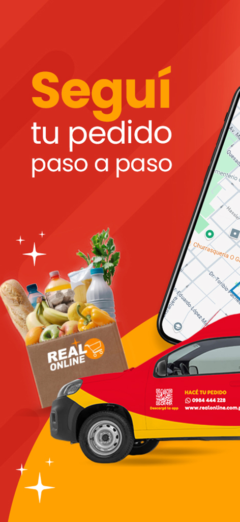 Real online - Interface de l'application Real Online montrant le suivi des commandes d'épicerie en temps réel sur une carte.