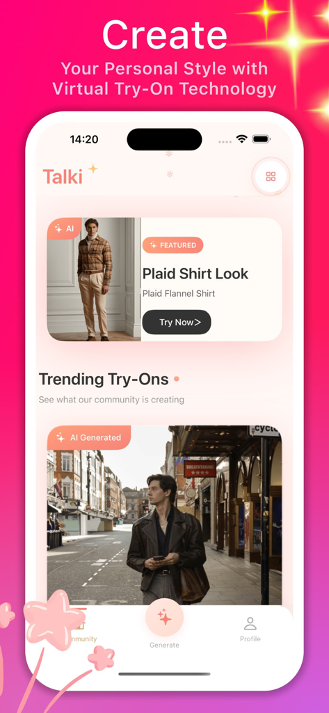 Talki - Fun & Share - Talki app home screen showing virtual try on features and trending fashion styles created by the community
