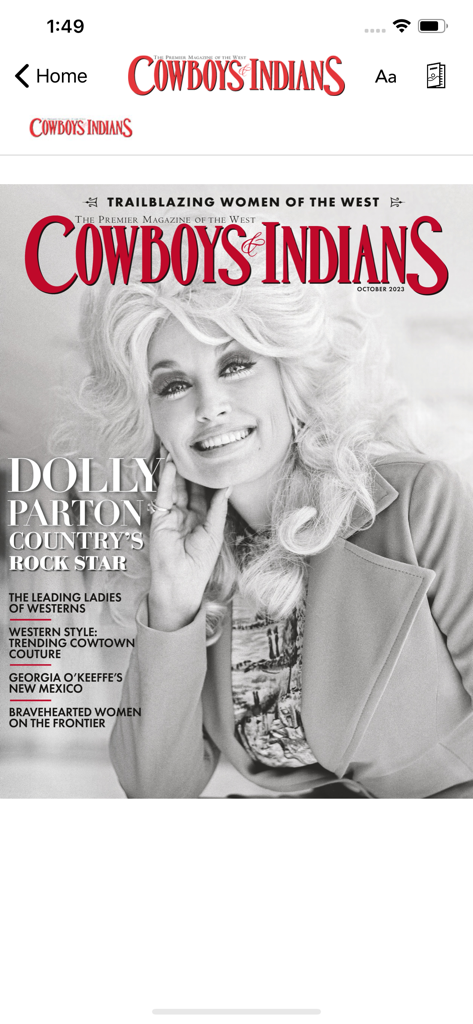 Cowboys and Indians Magazine app showing the October 2023 cover featuring Dolly Parton.
